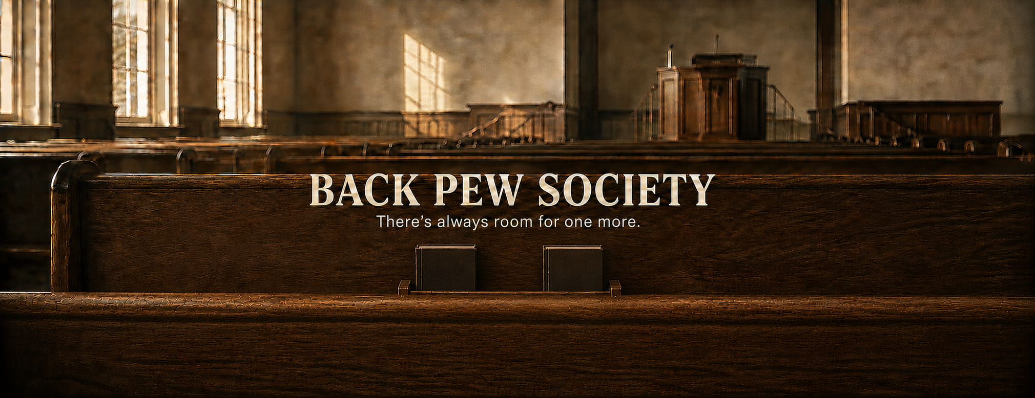 Warm, wood-toned church pews with hymnals and the words Back Pew Society — There’s always room for one more.
