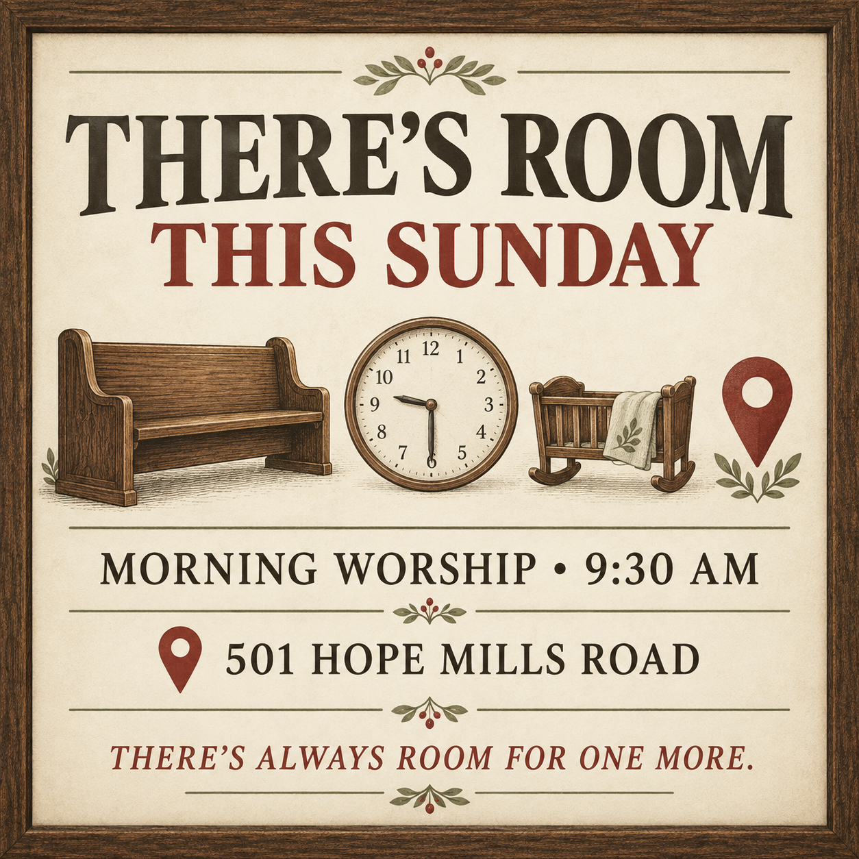 An inviting open pew with space for one more person