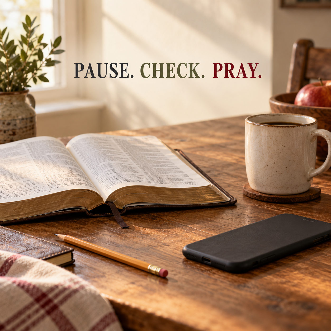 An open Bible beside a quiet cup, suggesting a thoughtful pause